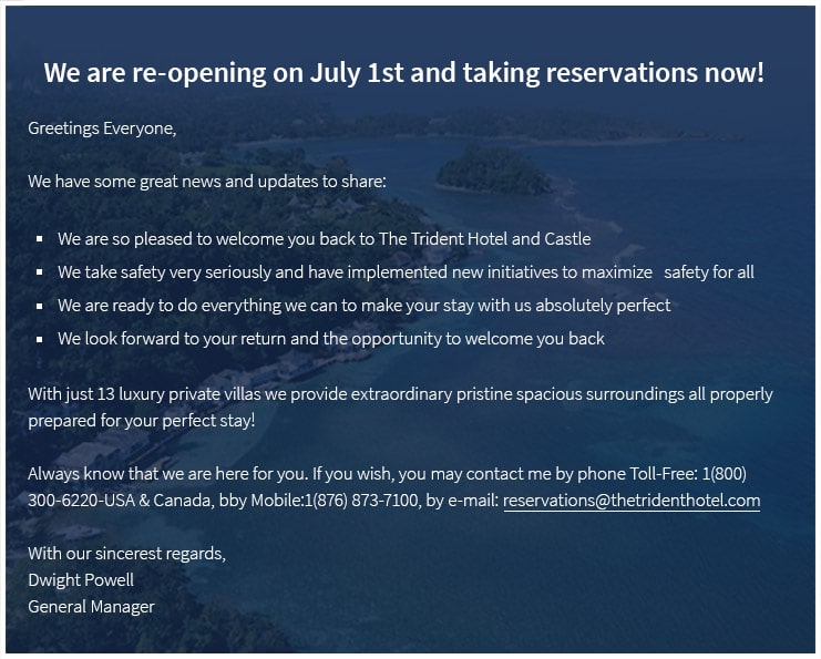 We are re-opening on July 1st and taking reservations now!